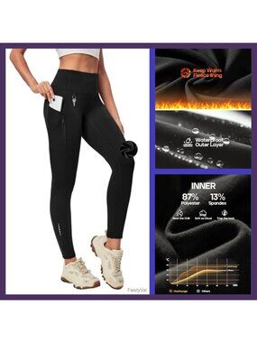 Fleece Lined Leggings Water Resistant Thermal Winter Pants Pockets